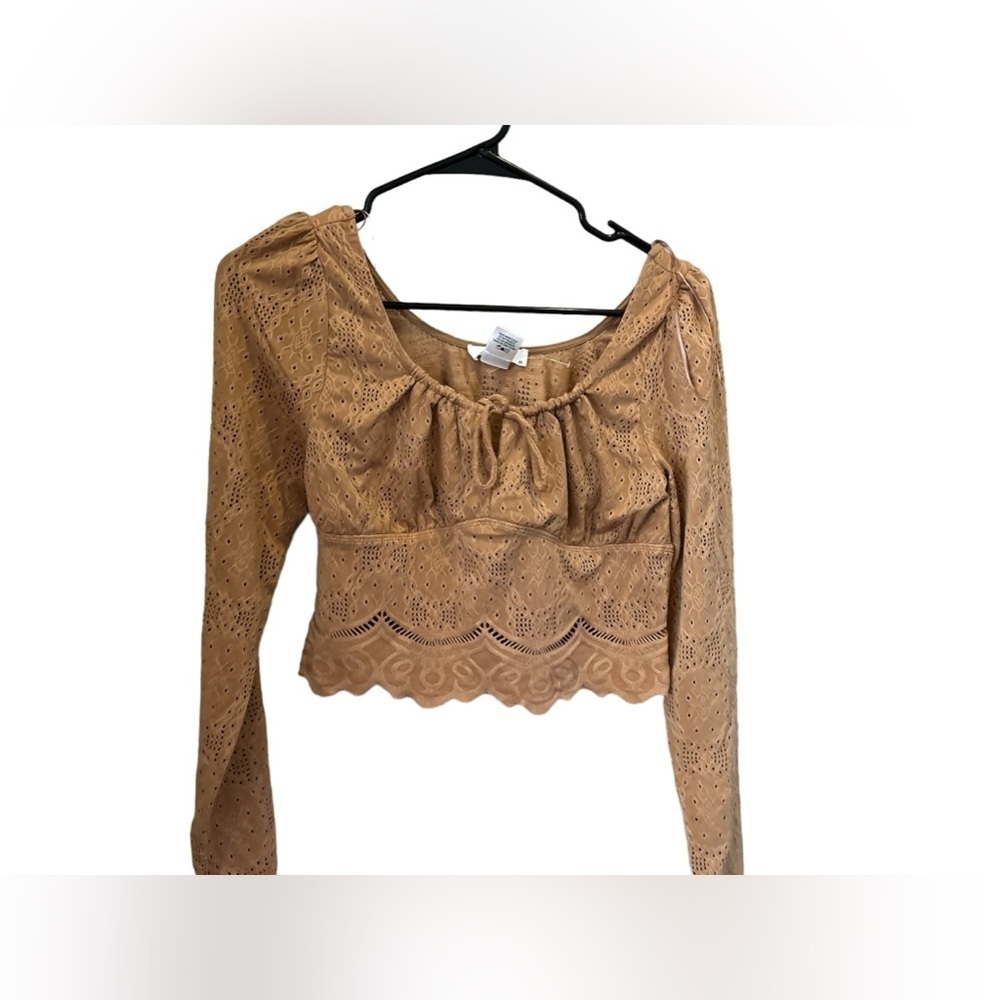 Kirious Tan Embroidered Eyelet Cropped Blouse Size M
